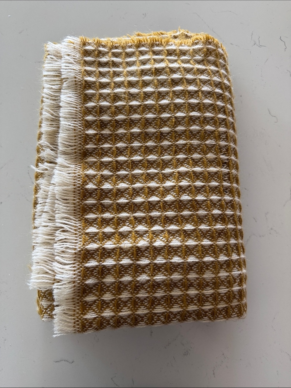Waffle Weave Fringe Throw in Mustard and Cream